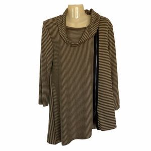 Yushi Tunic Top Front Zip Cowl Neck Brown Tan Striped Print Artisan Chic Medium